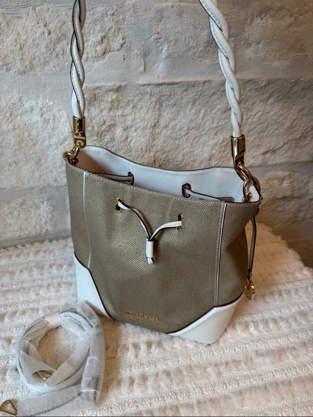 Elegant White and Tan Bucket Bag